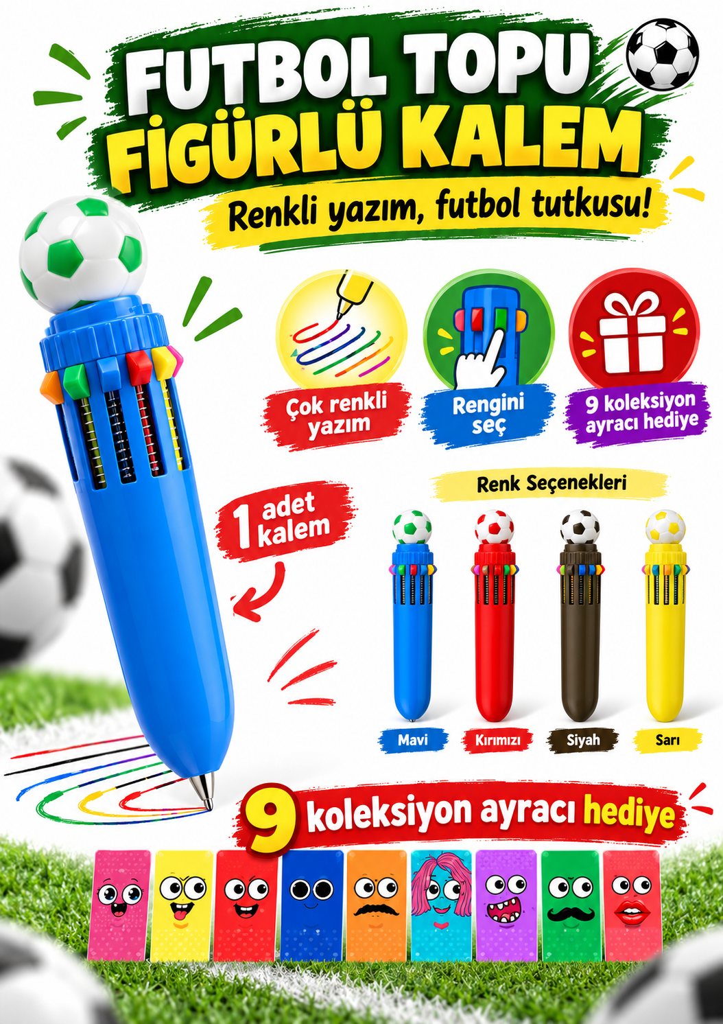 10 Renkli Futbol Topu Tükenmez Kalem - Çoklu Tükenmez Kalem Multi Color